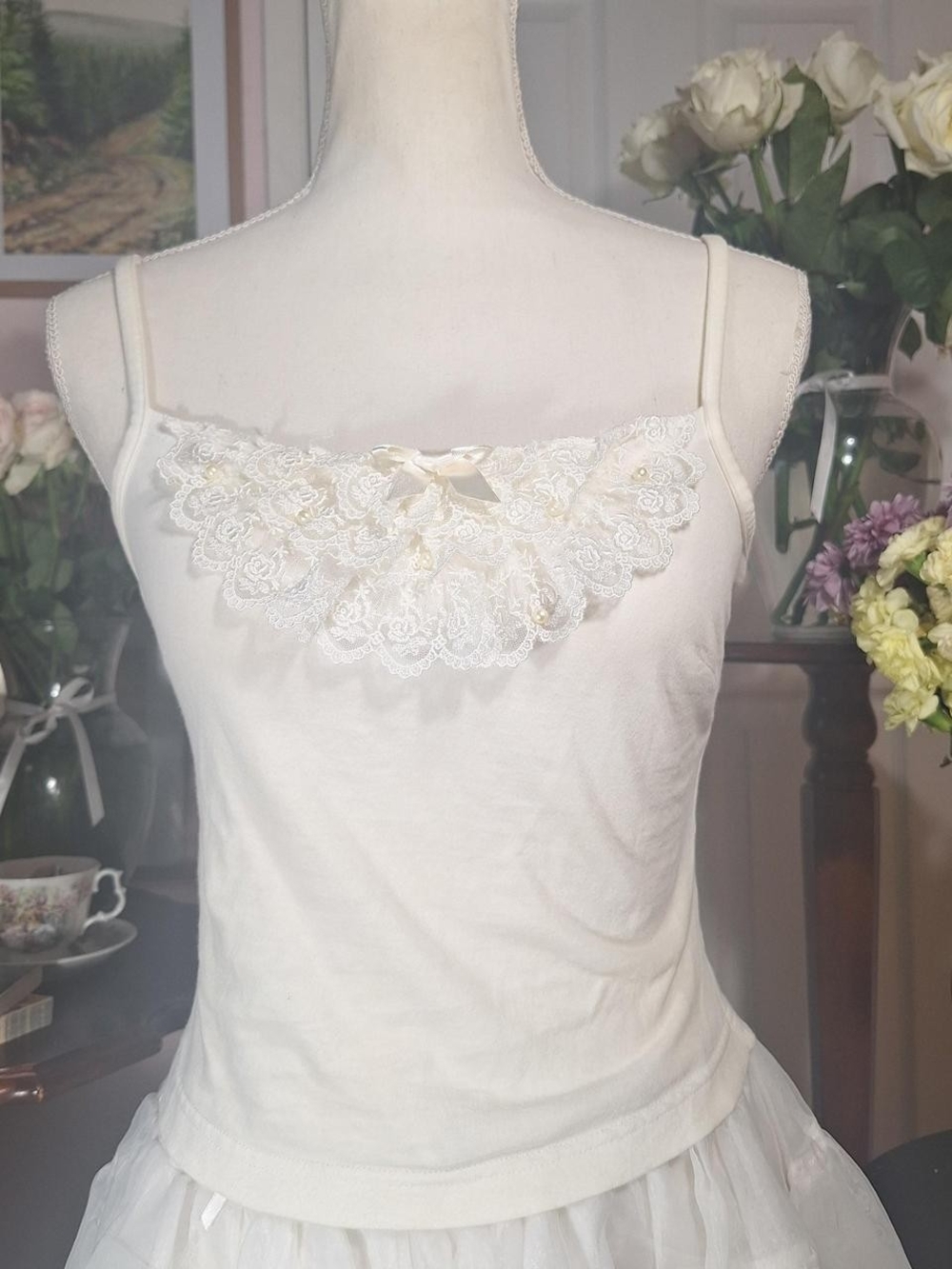 🤍 Innocent World Ivory Lace & Pearl Sleeveless Top 🎀✨